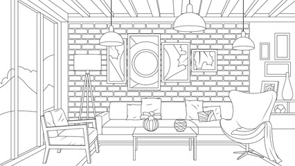 Vector illustration, interior design of a living room in a private house