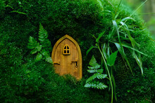 Little Magic Wooden Fairy Door And Plants Leaves On Mossy Natural Green Background. Fairytale Pixie Or Elf House In Mystery Forest. Eco-home