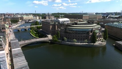 Wall Mural - Aerial view of the Stockholm old town - Gamla Stan cityscape near the City Hall top in Sweden. Beautiful summer time in Stockholm. Old town view.