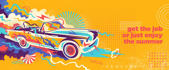 Wall Mural - abstract summer background design in graffiti style with retro convertible and colorful splashing sh