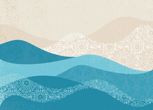 An Abstract Scene Of Ocean Waves And Sand, In A Cut Paper Style With Textures

