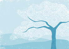 An Abstract Landscape With Lacey Canopy Tree, In A Cut Paper Style With Textures