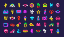 Great Bundle Neon Icons Collection. Pop Art Style. Banana And Ice Cream. Fruits And Hands. Vector Stock Set Illustration
