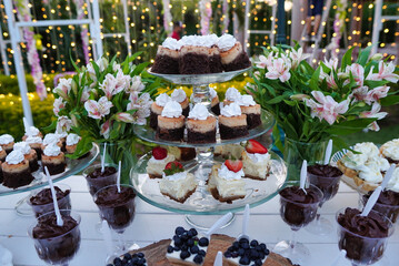 Poster - Closeup shot of delicious cake squares and cupcakes on the wedding table