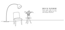 One Continuous Line Drawing Of Chair And Floor Lamp And Table With Potted Plant. Web Banner With Modern Scandinavian Furniture In Simple Linear Style. Editable Stroke. Doodle Vector Illustration