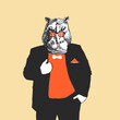 Hippo in a suit with glasses in vintage style. Cute illustration of an animal in a suit and sunglasses.