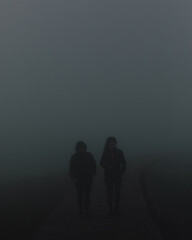 Wall Mural - Silhouettes of two people walking in fog