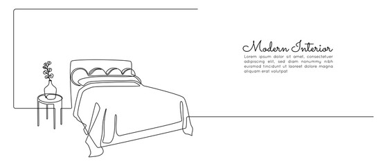 Aufkleber - Continuous one line drawing of double bed and table with vase and plant. Modern scandinavian and soft for cozy bedroom in simple linear style. Editable stroke. Doodle vector illustration