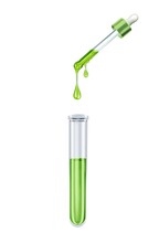 A Stretched Drop On A Cosmetic Pipette Drips Into A Glass Tube.A Banner For Advertising Eco-friendly Cosmetics, Organic Cosmetics And Laboratory Research. Green Extract, Green Liquid, Oil Or Serum.3d
