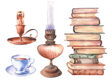 Stack Of Old Books With A Coffee And Oil Lamp. Watercolor Illustration Isolated On White Background.