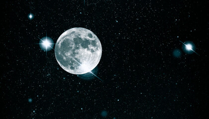 Wall Mural - long panoramic view of dark space with starry sky, full moon as background, art collage