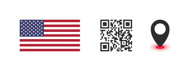 Wall Mural - USA flag. Flag of the country, QR code with geolocation of the capital of the country. Vector images