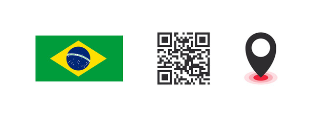 Brazil flag. Flag of the country, QR code with geolocation of the capital of the country. Vector images