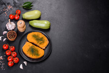 Delicious Squash Caviar Sandwiches On A Dark Concrete Background, Healthy Breakfast