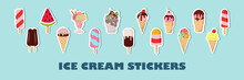 Ice Cream Flat Cute Vector Stickers Set. Chocolate And Vanilla Icecream In Waffle Cone. Summer Fun. Set
