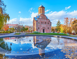 Poster - St Paraskeva Church and its reflection in fountain, Chernihiv, Ukraine