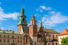 Wawel Royal Castle Complex In Krakow On A Sunny Summer Day. Wawel Castle Is The Main Historical Attraction In Poland. A Tourist Route.