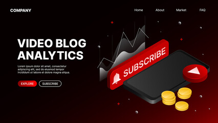 Website Landing Page for Video Blog Analytics. Vector illustration