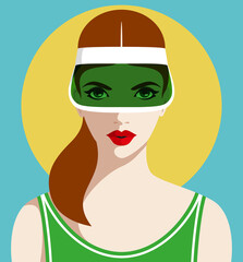 Wall Mural - 1306_Beautiful redhead woman wearing plastic sun visor cap and green swimsuit