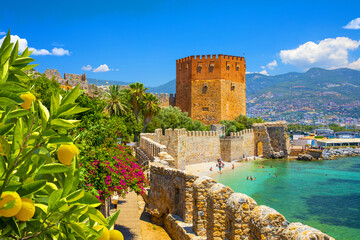 Wall Mural - Panoramic view of the harbor of Alanya on a beautiful summer day. Alanya, Turkey 