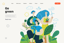 Ecology - Go Green -Modern Flat Vector Concept Illustration Of Ecology Metaphor, People Surrounded By Natural Ecological And Renewable Energy Symbols. Creative Landing Web Page Template