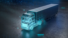 Futuristic Truck With Trailer Scene With  Wireframe Intersection (3D Illustration)