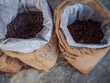 Cocoa beans in textured bags, top view. The cocoa is ready for loading. top view