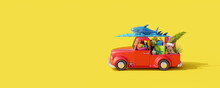 Red Car With Luggage And Beach Accessories Ready For Summer Travel. Creative Summer Concept On Yellow Background 3D Render 3D Illustration