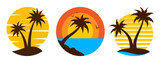 Fototapeta Do pokoju - Tropical palm tree landscape travel logo flat set. Sunrise sunset island emblem tourism firm signage exotic nature sea surf. Subtropical summer design template flyer ads vintage isolated circle