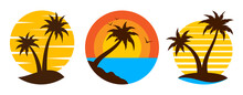Tropical Palm Tree Landscape Travel Logo Flat Set. Sunrise Sunset Island Emblem Tourism Firm Signage Exotic Nature Sea Surf. Subtropical Summer Design Template Flyer Ads Vintage Isolated Circle