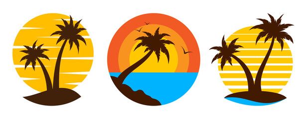 Tropical palm tree landscape travel logo flat set. Sunrise sunset island emblem tourism firm signage exotic nature sea surf. Subtropical summer design template flyer ads vintage isolated circle