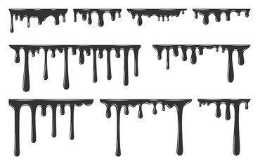 Dripping frame melty liquid drop current black set. Creamy smooth texture juice honey yogurt chocolate flow poison soft sweet dessert graffiti drop paint icon design frame border cartoon isolated