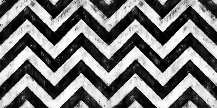 Seamless painted zigzag arrowhead black and white artistic acrylic paint texture background. Creative grunge monochrome hand drawn chevron herringbone stripes tileable pattern design. 3D Rendering..