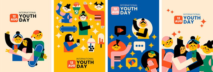 International youth day 21 August geometric vector collection. Book cover, background, set illustration. 