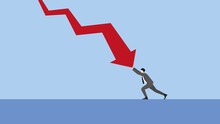 A Minimal Style Of A Red Down Graph Of The Financial Crisis, Economic Downturn, Inflation, Recession,  Failure, Bankruptcy, And Crisis Concept. A Businessman Pushes A Decrease Business Chart Diagram.