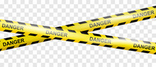 Realistic Crossing Warning Danger Tapes Or Police Line. Caution Tape Of Warning Signs For Construction Area Or Crime Scene In Yellow. Do Not Cross Ribbon. Ribbons For Accident, Under Construction