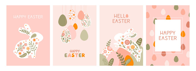 set postcard template with a silhouette easter eggs, rabbit and flowers in flat style. illustration 