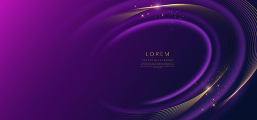 abstract luxury golden lines curved overlapping on dark blue and purple background with lighting eff