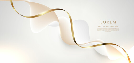 Abstract 3d gold curved white and gold ribbon on grey background with lighting effec and copy space for text. Luxury design style.