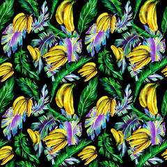 Summer bright seamless pattern with banana fruits and leaves on a black background. Fashion, interior, wrapping, packaging suitable. Realistic palm leaves hand drawn