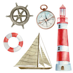 Watercolor nautical elements set: wooden steering wheel, red and white lighthouse, red buoy, compass.