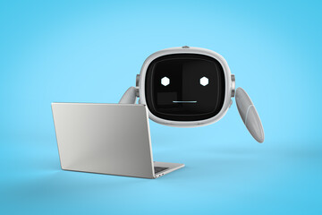 Cute assistant artificial intelligence robot no leg with computer notebook