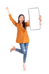 Full body length photo portrait of beautiful Asian young woman ,Excited surprised girl showing big smart phone with blank screen , white screen isolated on white background , Mock Up Image