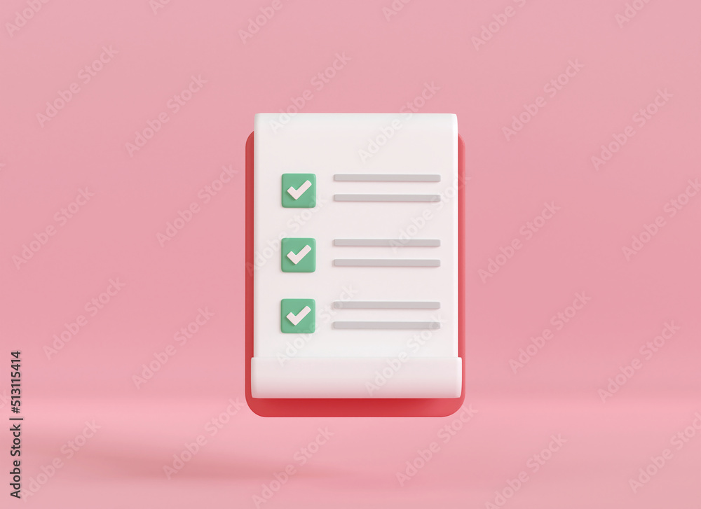 3d render clipboard with checklist on pink background. note paper ...