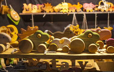 Famous wooden toys for sale at display in Copengagen