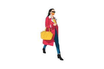 Wall Mural - Vector illustration of fashionable women walking with mask