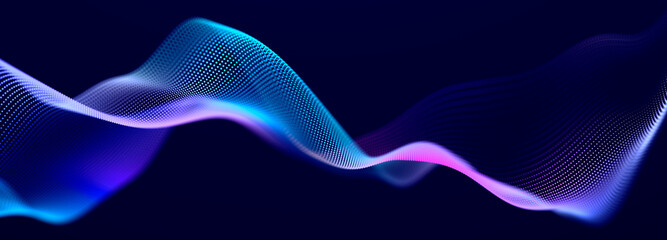 Fototapete - Futuristic dots pattern on dark background. Colored music wave. Big data. Technology or Science Banner. 3D rendering
