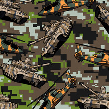 Pattern Of Military Equipment On The Background Of Pixel Camouflage. Military Camouflage With Tanks And Helicopters