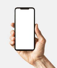 Phone Mockup In Hand - Clipping Path, Studio Shot Of Smartphone With Blank White Phone Screen For Web Site Design, App For Mobile Phone And Advertisement
