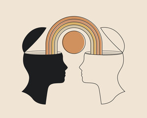 conceptual illustration of relationships or empathy or positive emotional sharing with two heads and
